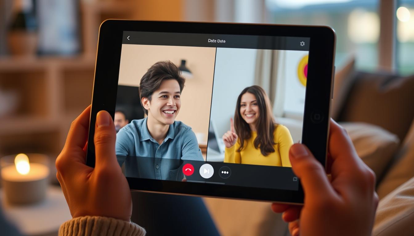 Person participating in a video date through a dating app on their tablet