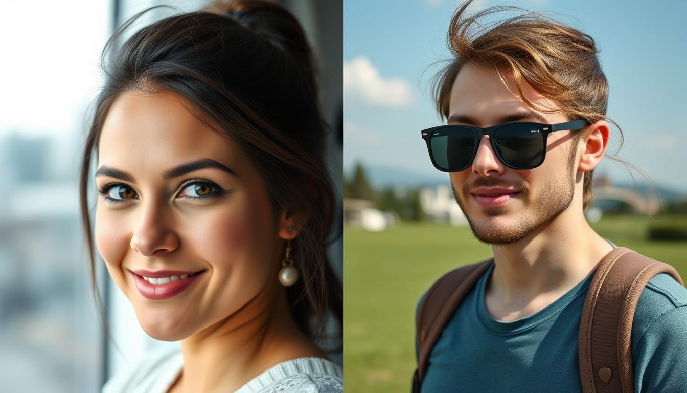 Split screen showing contrast between an idealized dating profile photo and reality