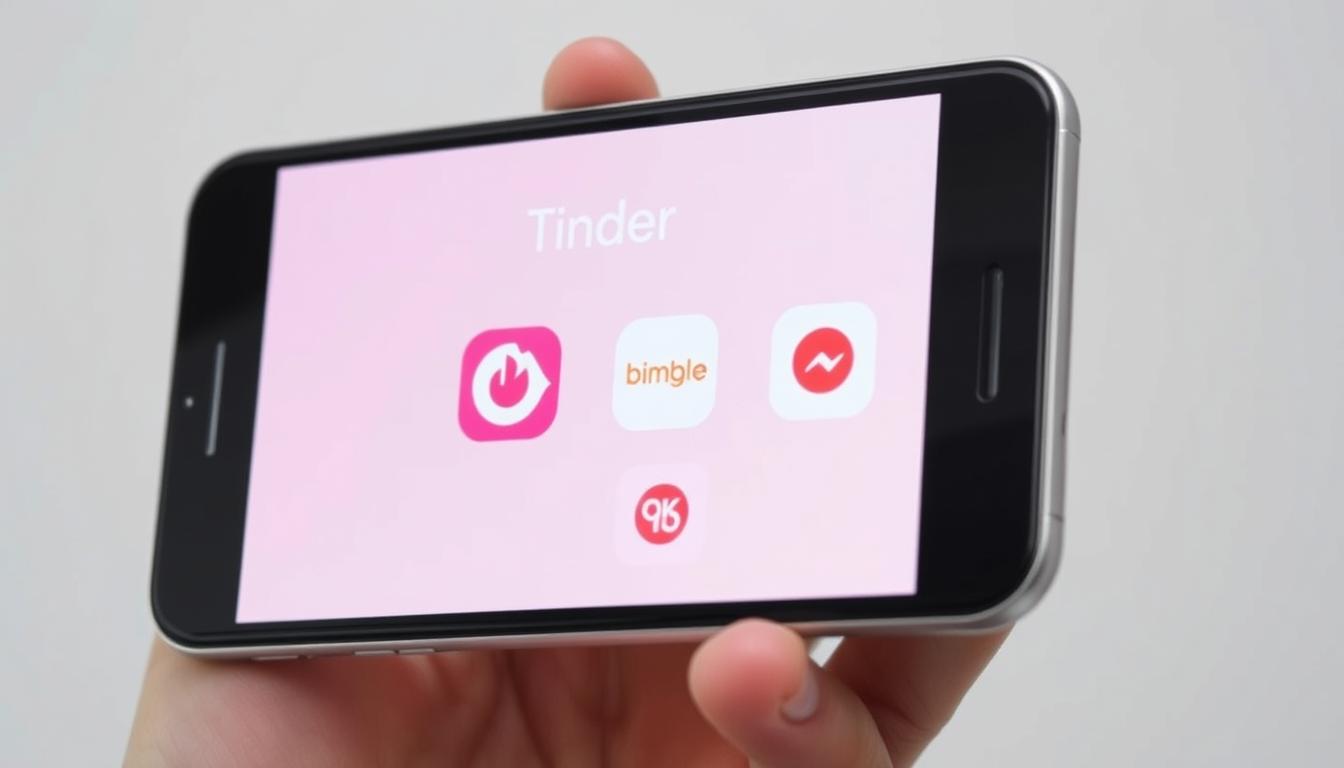 Various online dating apps displayed on a smartphone screen showing Tinder, Bumble, Hinge, and other popular dating platforms