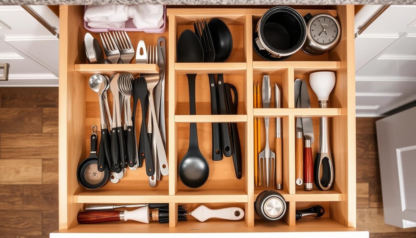 Adjustable drawer dividers organizing utensils in a tiny kitchen drawer