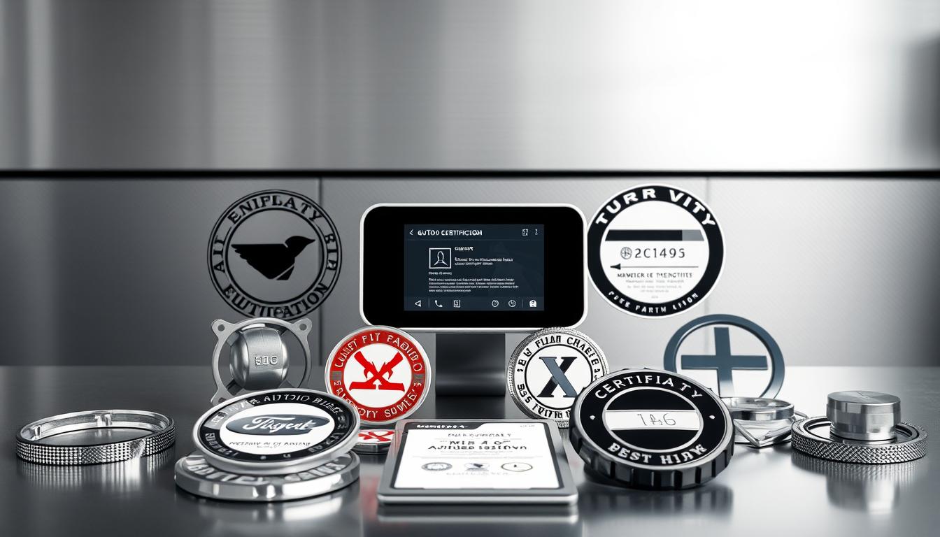 Autodistribution.fr : Sécurité et pièces auto garanties 5 Detailed automotive certifications and quality marks against a clean, professional backdrop. High-contrast metallic textures and gradients, with a sense of precision and reliability. Foreground features various quality seals, emblems, and logos arranged in a cohesive layout. Midground has a sleek, minimalist device or interface displaying relevant information. Background has a monochromatic gradient or texture evoking a factory or engineering setting. Lighting is clean, directional, and highlights the certifications' metallic finishes. Composition is balanced and symmetrical, conveying a sense of trust, expertise, and commitment to quality.
