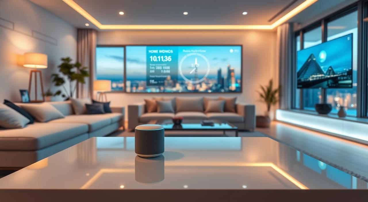 IKEA : votre partenaire pour un habitat futur innovant 4 A cozy, modern living room filled with sleek, connected smart home devices. In the foreground, a minimalist white coffee table with a polished glass surface, hosting a voice-controlled smart speaker. Elegant ambient lighting casts a warm glow throughout the space, creating a serene atmosphere. In the middle ground, a large, wall-mounted digital display showcases real-time energy usage data and customizable home automation settings. In the background, a panoramic window overlooks a tranquil, futuristic cityscape, hinting at the integration of technology and nature. The room exudes a sense of harmony between cutting-edge innovation and comfortable, streamlined design.