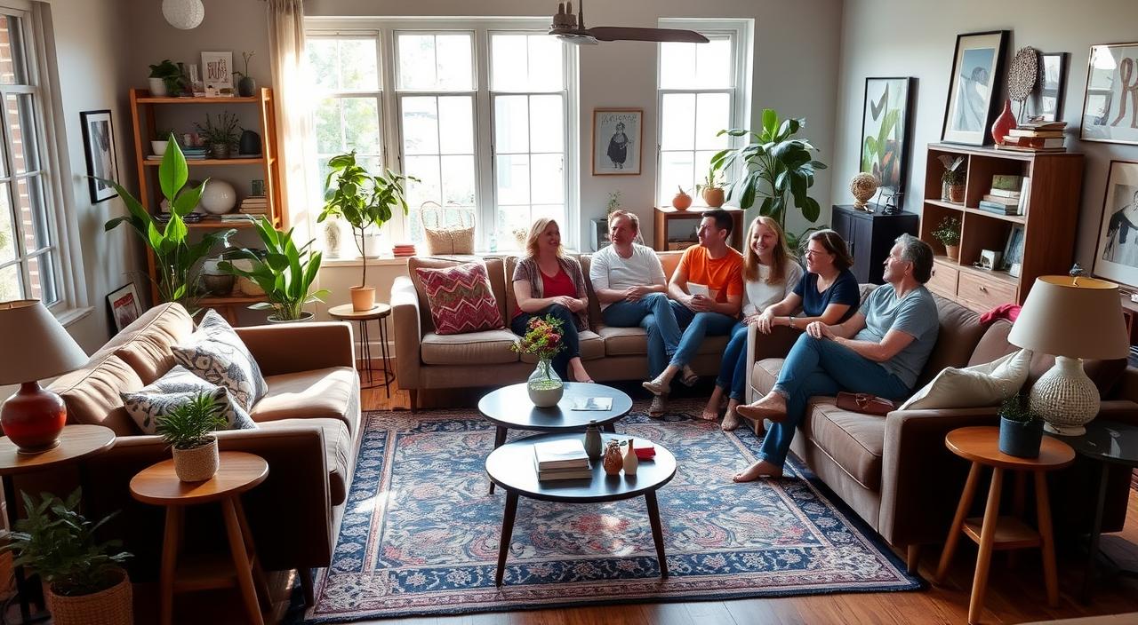 IKEA : votre partenaire pour un habitat futur innovant 5 A cozy and inviting living room filled with an eclectic mix of modern and vintage furniture. Natural light streams in through large windows, casting a warm glow on plush velvet sofas and mid-century side tables. Potted plants and artfully arranged decor items add pops of greenery and personality. The space exudes a sense of comfortable sophistication, reflecting the homeowner's unique style and flair for interior design. A group of friends gathers around, discussing their latest home projects and sharing design inspirations. Their animated expressions and engaged body language convey a feeling of community and shared passion for creating beautiful living spaces.