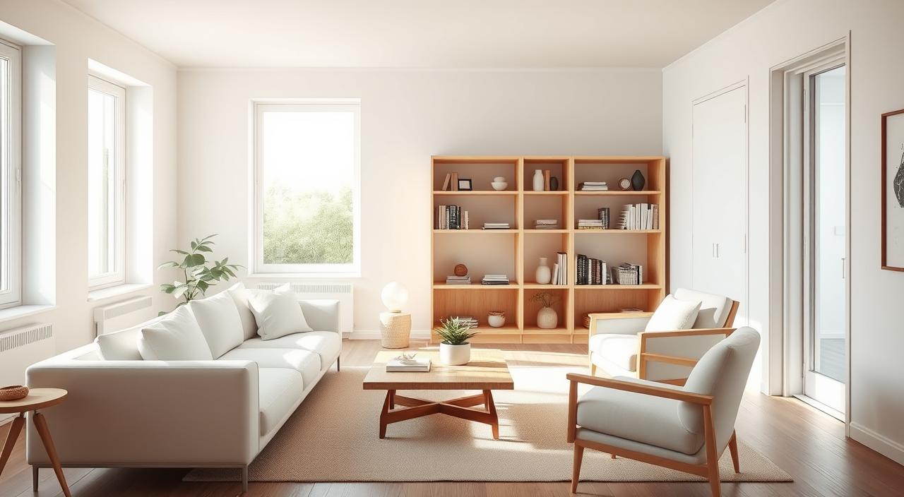 IKEA : votre partenaire pour un habitat futur innovant 3 Interior Décor Inspiration: A bright, airy living room with minimalist Scandinavian design. Soft natural light filters through large windows, casting a warm glow on the space. In the foreground, a modern white sofa and armchair are arranged around a low wooden coffee table, adorned with a potted plant and a few carefully curated decorative objects. The middle ground features a clean-lined, light-colored wooden bookshelf, highlighting an array of books and decorative accents. The background showcases neutral-toned walls, complimented by sleek, understated window frames. The overall atmosphere is one of simplicity, functionality, and inviting comfort - a space that inspires creativity and relaxation.