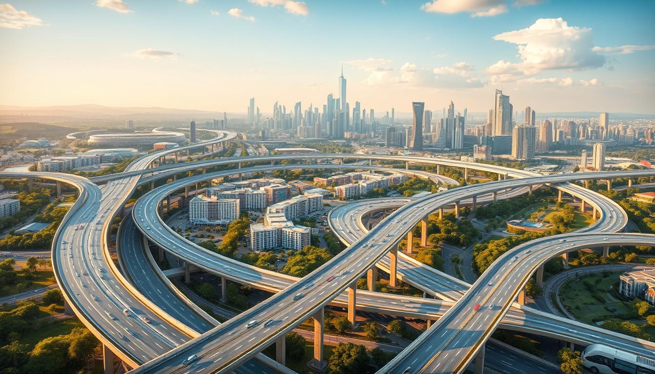 A futuristic rendering of a modern regional ring road in a thriving metropolitan area. The foreground depicts sleek, elevated highways with dynamic traffic flows, seamlessly blending into the urban landscape. The middle ground showcases a vibrant mix of high-rise buildings, bustling commercial hubs, and lush greenery, reflecting a harmonious integration of infrastructure and sustainable development. The background paints a panoramic view of the city skyline, bathed in warm, golden lighting that casts a sense of progress and optimism. The overall scene conveys a vision of a well-connected, efficient, and visually appealing regional transportation network that enhances the quality of life for the community.