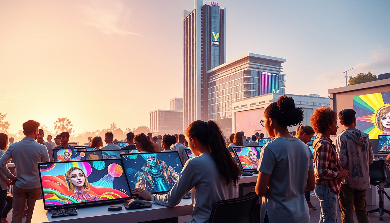 A vibrant, futuristic scene showcasing the "toweracademic" creative skills platform. In the foreground, a diverse group of students collaborate on digital art projects, their screens displaying colorful, cutting-edge designs. The middle ground features sleek, modular workstations and state-of-the-art creative tools. In the background, a towering, high-tech campus building with a striking architectural design provides an inspiring backdrop. The lighting is a warm, natural glow, creating a sense of creativity and innovation. The overall atmosphere is one of boundless imagination, artistic expression, and a forward-thinking approach to arts and design education.