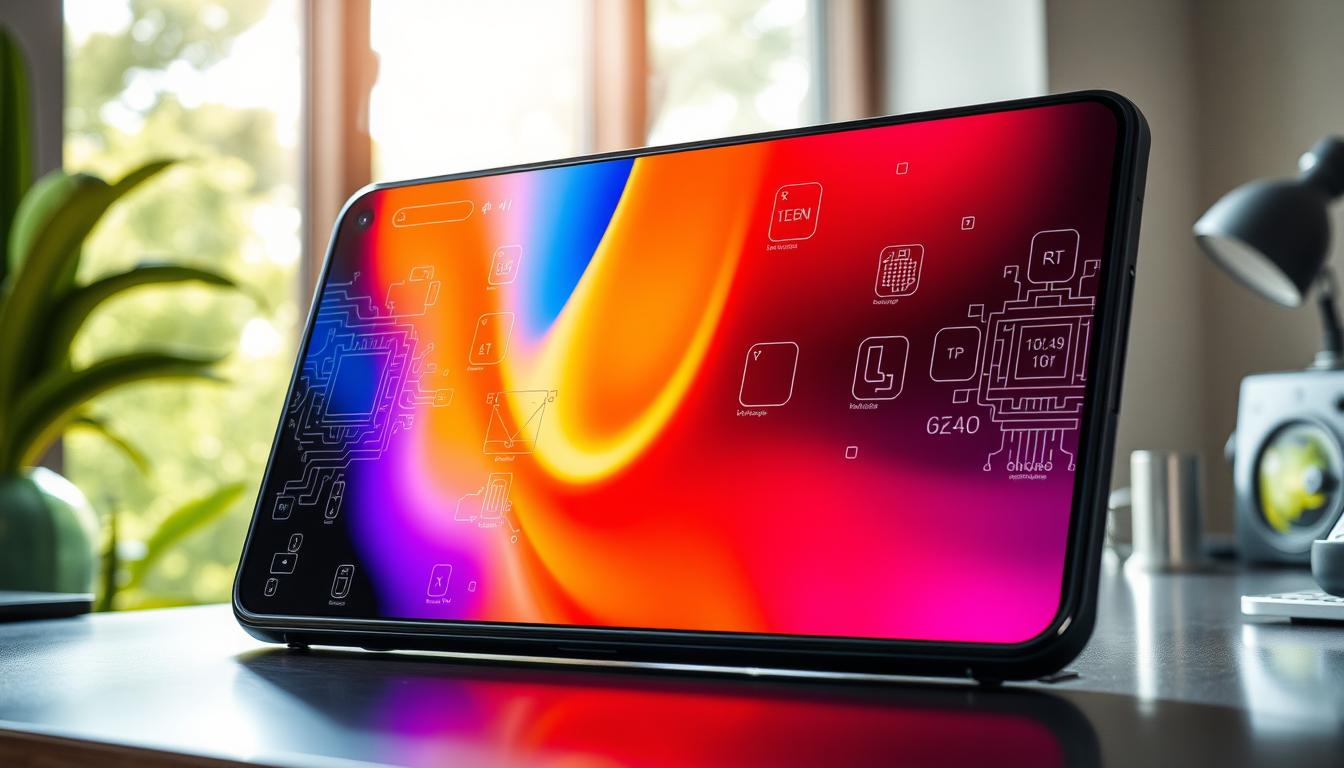 OnePlus 15R Review A high-end display showcasing OnePlus 15R's cutting-edge technology. A sleek, bezel-less AMOLED panel dominates the frame, its vibrant colors and deep blacks illuminated by natural sunlight streaming through a large window. Intricate circuit patterns and component diagrams are subtly etched into the glass, hinting at the advanced display driver and image processing hardware beneath. The panel is tilted at a slight angle, allowing a clear view of its ultra-thin profile and the precision engineering that enables its industry-leading brightness, refresh rate, and color accuracy. The background is a minimalist workspace, with a metallic desk and carefully curated accessories complementing the display's premium aesthetic.