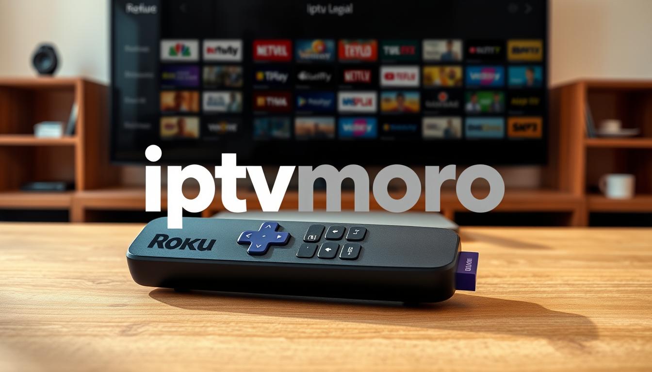 A meticulously crafted legal IPTV Roku stick setup, showcased against a backdrop of a modern living room. In the foreground, the sleek Roku device rests on a wooden surface, its minimalist design evoking a sense of technological sophistication. The midground features the prominent "iptvmoro" logo, boldly displayed to highlight the brand's presence. In the background, a neatly organized array of IPTV channel groups is visible, hinting at the vast entertainment options available to the viewer. The scene is illuminated by warm, natural lighting, creating a cozy and inviting atmosphere. The overall composition emphasizes the legality and professionalism of the IPTV solution, while conveying the ease and convenience of accessing a wealth of content on the Roku platform.