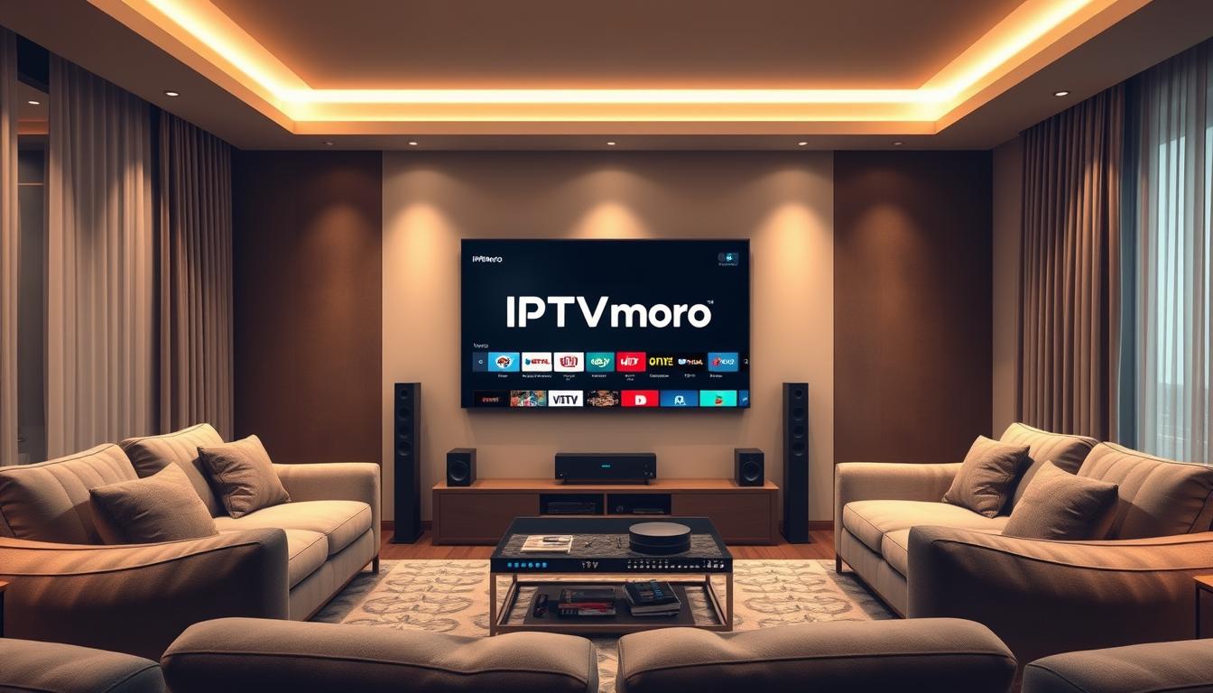 A modern living room with plush, comfortable furniture and warm, diffused lighting. In the center, a sleek smart TV displays a captivating array of Indian IPTV channels, showcasing the diverse entertainment offered by IPTVMoro, a leading Indian IPTV provider. The TV is flanked by premium sound equipment, creating an immersive viewing experience. Muted colors and clean lines convey a sense of sophistication, while the IPTVMoro logo prominently displayed on the TV screen underscores the brand's quality and reliability. The overall scene exudes a welcoming, relaxed atmosphere, inviting the viewer to sit back and enjoy endless entertainment from the best Indian IPTV channels.