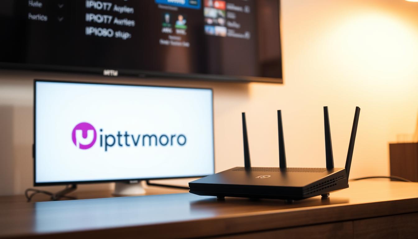 A modern, minimalist setup for optimizing IPTV service. Sleek black router and modem against a blurred white backdrop, casting soft shadows. The iptvmoro logo prominently displayed, signifying the brand. The screen shows various channel groups organized neatly, indicating a well-structured IPTV experience. Warm, ambient lighting creates a professional, technology-focused atmosphere. Camera angle slightly elevated to convey a sense of organization and control over the IPTV setup.