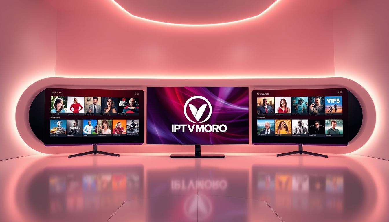 A serene and futuristic user interface for the innovative IPTV service provider, IPTVMORO. Sleek and modern displays showcase vibrant channel groups, with the IPTVMORO logo prominently featured. The interface is bathed in a soft, warm lighting, creating a welcoming and engaging atmosphere. The layout is clean and intuitive, with a focus on delivering a seamless and user-friendly experience. Subtle textures and gradients add depth and sophistication to the design. The overall aesthetic is an elegant blend of technology and visual appeal, perfectly suited for the discerning IPTV enthusiast.