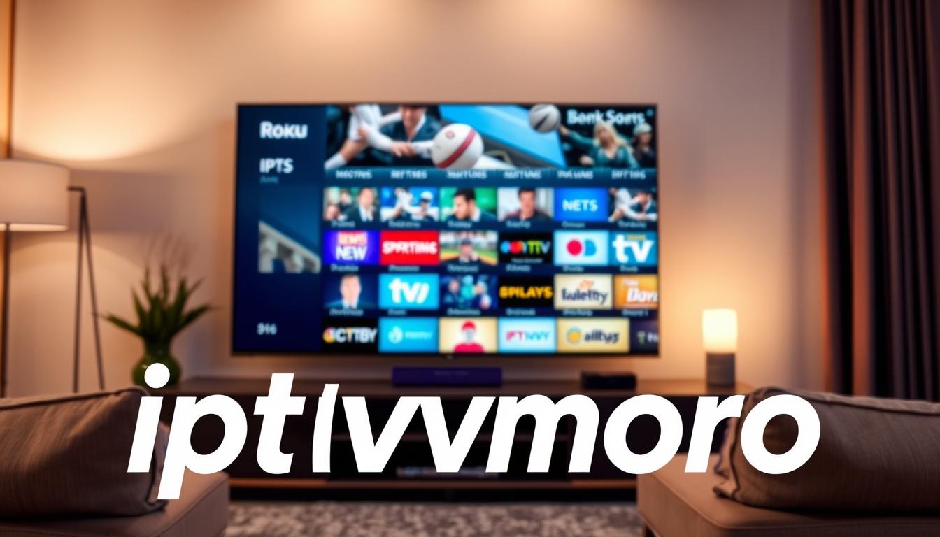 A sleek and modern living room setting, with a Roku TV prominently displayed. The screen showcases a diverse array of IPTV channels, including sports, news, and entertainment options. In the foreground, the "iptvmoro" logo is prominently featured, conveying the high-quality IPTV service. The room is illuminated by warm, soft lighting, creating a cozy and inviting atmosphere. The overall scene suggests a seamless and enjoyable IPTV experience on the Roku platform.