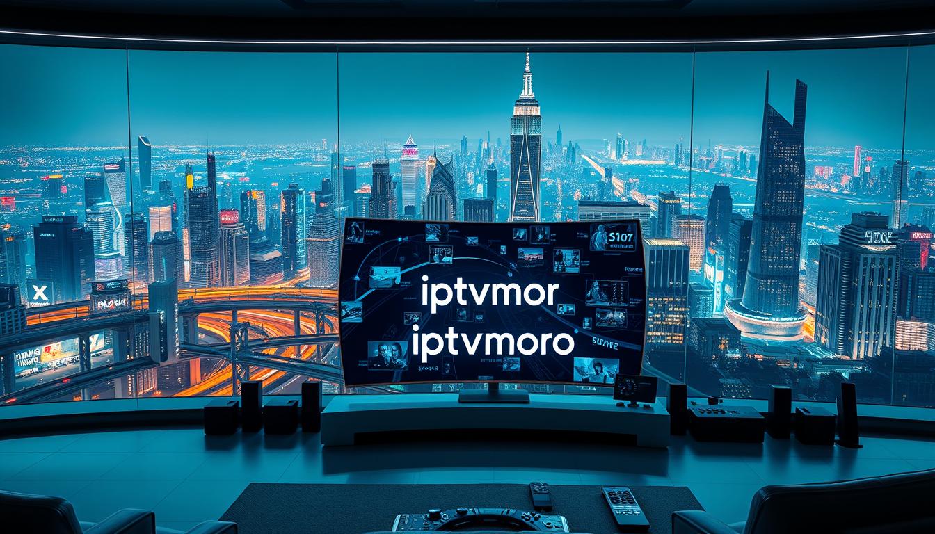 A futuristic cityscape at night, illuminated by the glow of holographic displays and high-tech interfaces. In the foreground, a sleek, minimalist living room with a large, curved OLED television displaying the logo "iptvmoro". The television is surrounded by a range of advanced remote controls and voice-activated devices, hinting at the seamless integration of IPTV technology into the smart home. In the middle ground, a network of futuristic skyscrapers and elevated transport systems, their surfaces adorned with dynamic, multi-layered displays showcasing a diverse array of IPTV channel groups. The background is a stunning, neon-lit skyline, with a sense of energy and innovation that captures the future of IPTV content delivery.