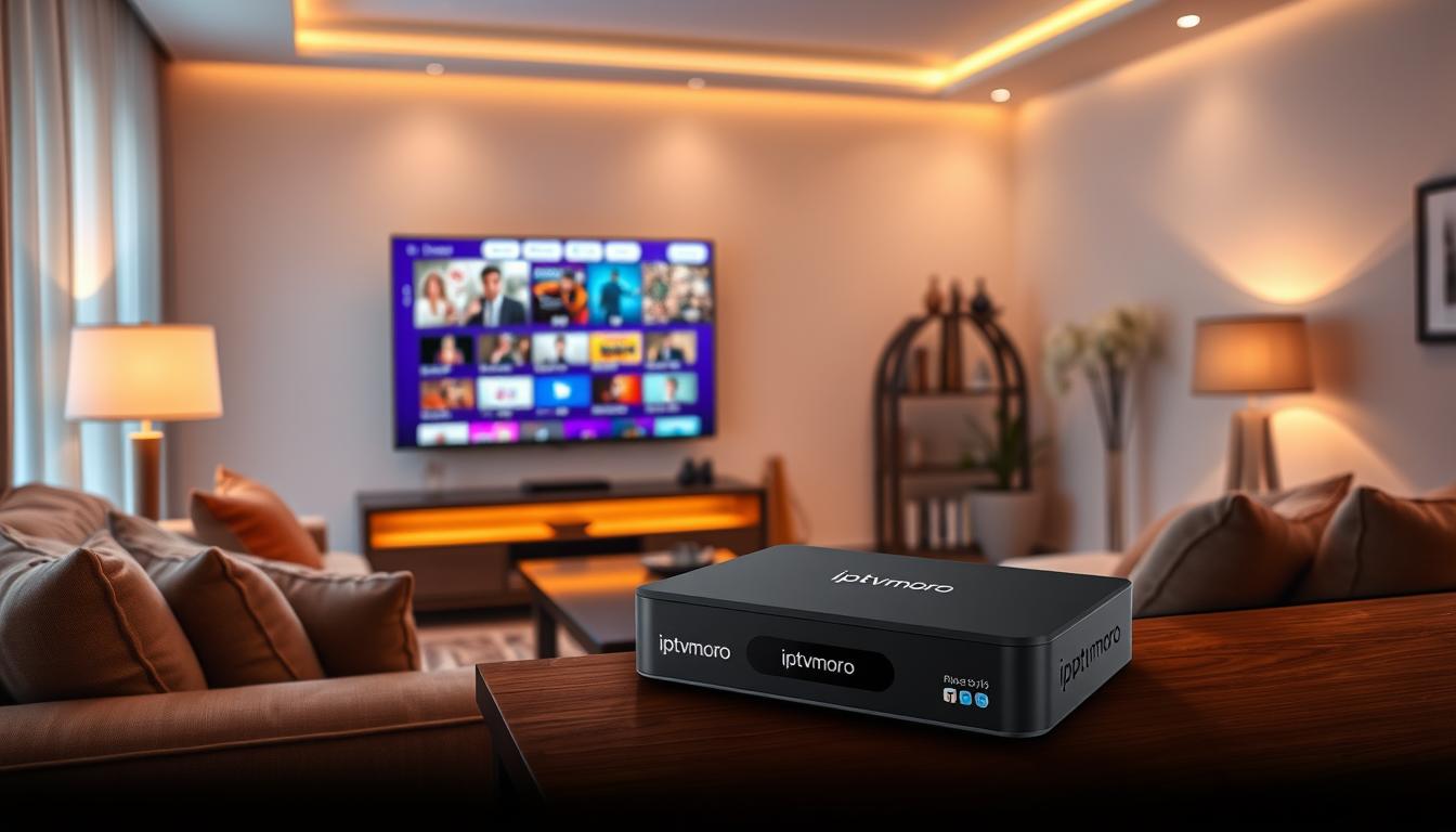 A stylish, modern home entertainment setup with an Indian IPTV box prominently displayed. The box has the "iptvmoro" brand name clearly visible. The living room features plush, comfortable seating and warm, soft lighting creating a cozy atmosphere. On the TV screen, the IPTV interface showcases various channel groups and content options. The overall scene conveys a sense of immersive, high-quality home entertainment tailored for Indian audiences.