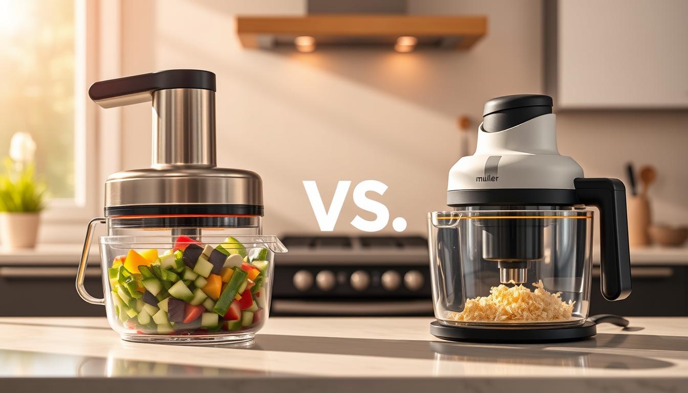 A sleek, modern kitchen countertop bathed in warm, natural lighting. In the foreground, two state-of-the-art vegetable choppers face off - the Fullstar Vegetable Chopper and the Mueller Vegetable Chopper. The Fullstar, with its brushed steel and sharp, multifunctional blades, stands ready to effortlessly slice, dice, and shred an array of fresh produce. The Mueller, with its innovative suction base and user-friendly design, promises a seamless and efficient chopping experience. The scene conveys a sense of functionality, ease of use, and attention to detail - key factors in the "Ease of Use and Cleaning" comparison between these two top-rated kitchen appliances.