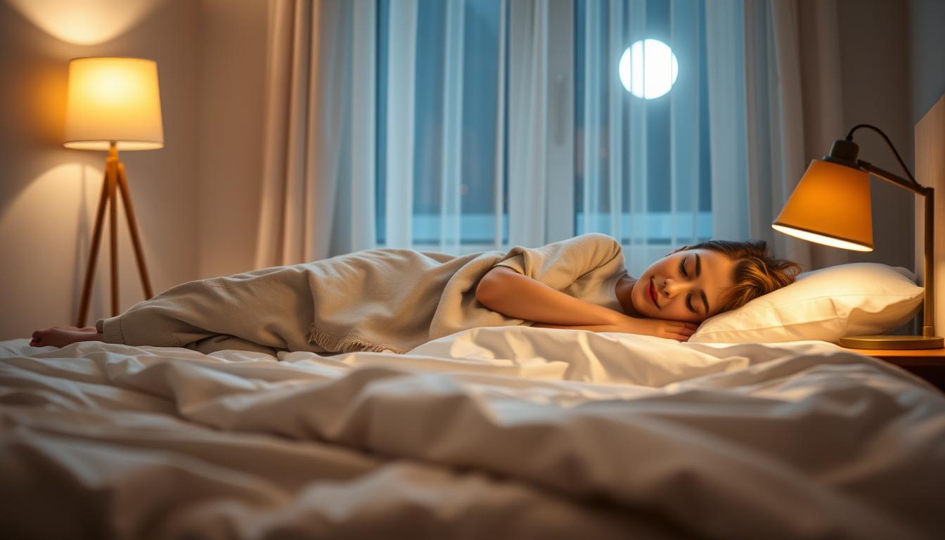 A serene bedroom setting at night, emphasizing the importance of sleep for overall health. In the foreground, a cozy bed with soft white sheets, adorned with a fluffy pillow, inviting tranquility. A warm nightstand lamp glows softly, casting a gentle light. In the middle ground, a person in modest casual clothing lies peacefully under a light blanket, their face relaxed and serene, symbolizing restful sleep. In the background, a window shows soft moonlight filtering through sheer curtains, hinting at a peaceful night. The atmosphere is calm and soothing, promoting well-being and relaxation. The entire scene is softly illuminated, creating a harmonious balance of light and shadow, inviting viewers to reflect on the value of restorative sleep in maintaining good health.