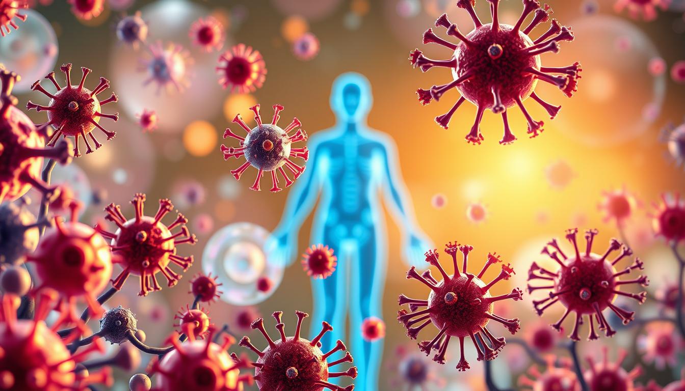 A vibrant and detailed illustration of the human immune system, showcasing its complexity and importance in protecting the body. In the foreground, depict various immune cells like T-cells, B-cells, and macrophages, interacting and responding to invading pathogens such as viruses and bacteria. In the middle ground, visualize the lymphatic system with lymph nodes highlighted in a translucent blue shade, symbolizing their role in immune defense. The background should feature a soft, glowing representation of a human silhouette, subtly integrated to emphasize the connection between the immune system and overall health. Use warm, natural lighting to create an uplifting and hopeful atmosphere, with a focal point on the immune cells in action. The perspective should be slightly angled to add depth, creating a dynamic and engaging scene that conveys the vital role of the immune system.