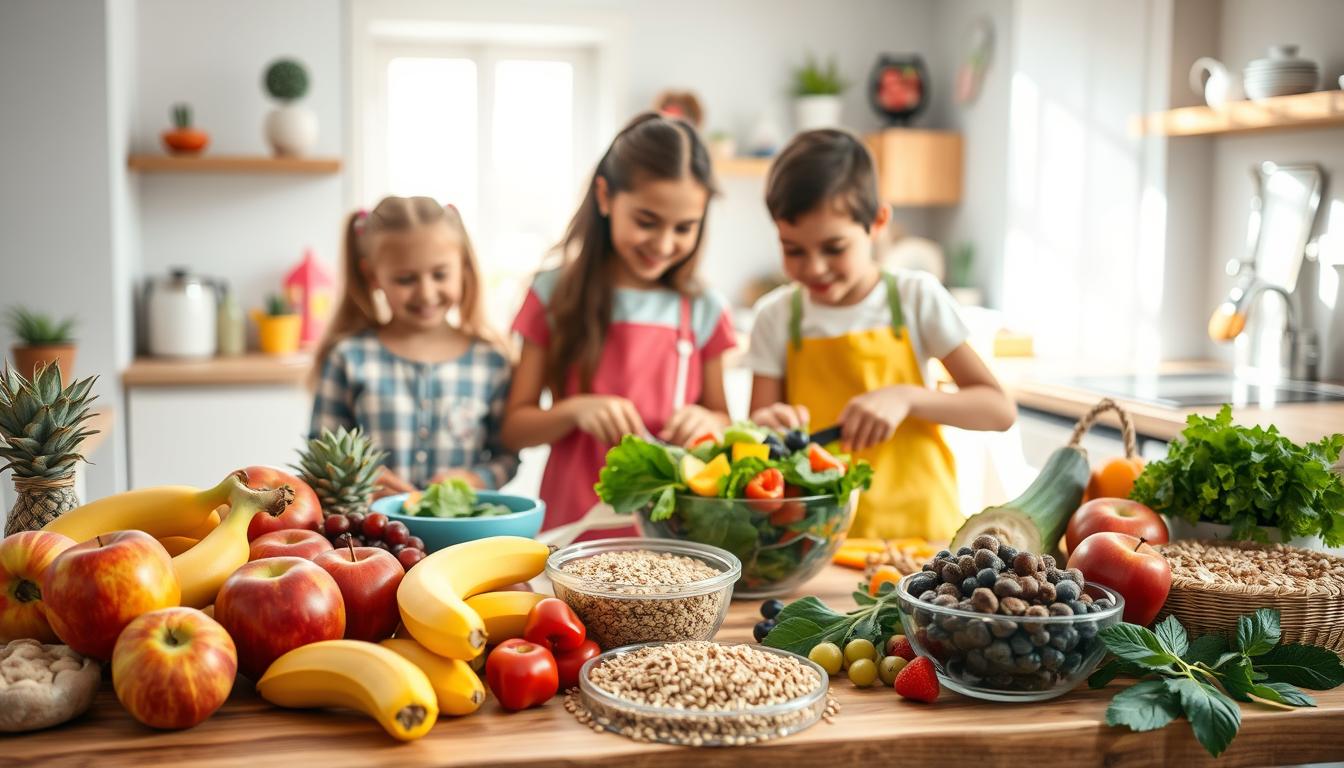 A colorful and inviting kitchen scene showcasing a diverse array of healthy foods for children. In the foreground, a wooden table displays vibrant fruits like apples, bananas, and berries, alongside whole grains and fresh vegetables, emphasizing balanced nutrition. In the middle, a diverse group of children (dressed in modest casual clothing) happily engaging in preparing a colorful salad together, illustrating teamwork and healthy habits. The background features a bright, sunlit kitchen with playful accents, enhancing a warm, cheerful atmosphere. Soft, natural lighting streams in through a window, creating a lively and engaging mood. The camera angle is slightly elevated, giving a comprehensive view of the scene, inviting viewers into this nurturing environment focused on healthy eating choices for children's immunity.