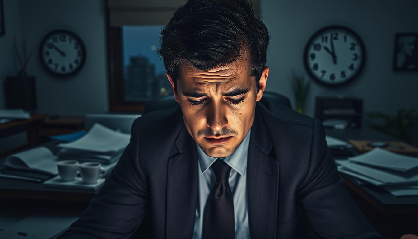 A dimly lit room depicting a person sitting at a cluttered desk, showcasing the crippling effects of sleep deprivation on health. The foreground features a tired individual in professional business attire, their face showing signs of stress and fatigue, with dark circles under their eyes. In the middle ground, scattered documents and empty coffee cups highlight the chaos of a sleepless night. The background subtly displays a clock showing late hours and a shadowy window illustrating a night-time scene. Soft light illuminates the person’s face, casting a somber mood, while shadows emphasize the isolation felt from lack of sleep. The atmosphere conveys urgency and concern over the impact of insufficient rest on overall well-being and immunity.
