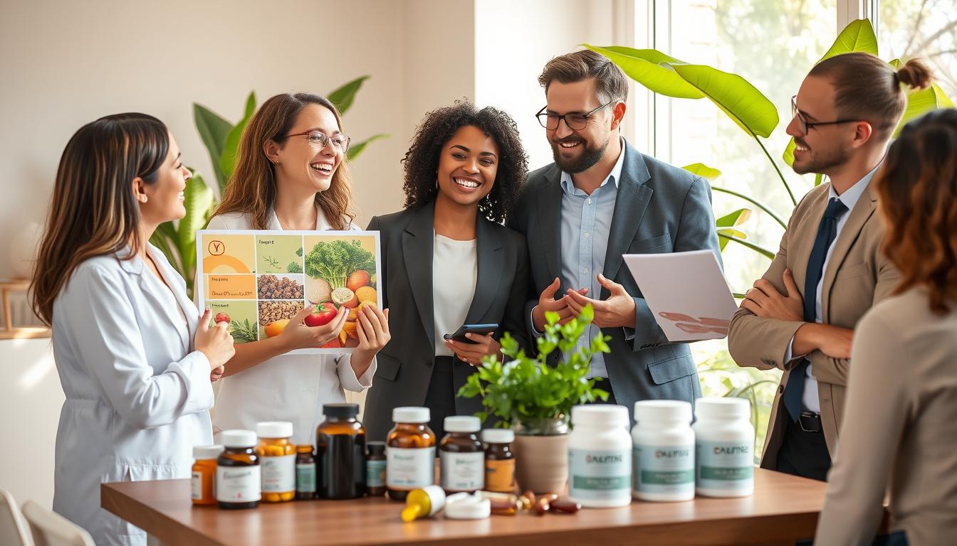 A vibrant and informative scene depicting the theme of "disease prevention." In the foreground, a diverse group of three professionals—two women and one man—are joyfully discussing health tips, dressed in smart casual attire. One woman holds a colorful chart displaying fruits and vegetables, symbolizing a healthy diet. In the middle ground, a well-organized table is filled with jars of vitamins, supplements, and herbal remedies, alongside a plant for a touch of nature. The background shows a bright, modern room with a large window letting in warm, natural light, and leafy green plants, creating an uplifting atmosphere. The overall mood is optimistic and engaging, emphasizing collaboration and healthy lifestyle choices. The composition should evoke a sense of safety and empowerment in maintaining well-being.