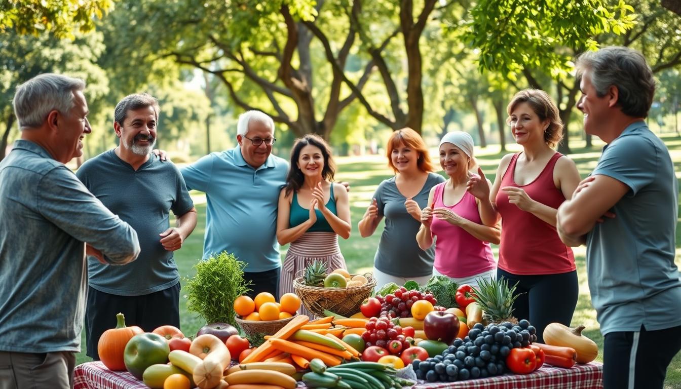 A vibrant health-themed scene depicting the prevention of chronic diseases. In the foreground, a diverse group of individuals—men and women of varying ages and ethnicities—engaged in a group exercise session, showcasing camaraderie and active living. In the middle ground, a buffet of colorful fruits and vegetables laid out on a table, symbolizing healthy nutrition options. The background features a serene park with trees and sunlight filtering through leaves, creating a warm and inviting atmosphere. The scene is well-lit with natural daylight, captured from a slightly elevated angle to emphasize the interactions among people. The overall mood conveys positivity, wellness, and proactive health management.
