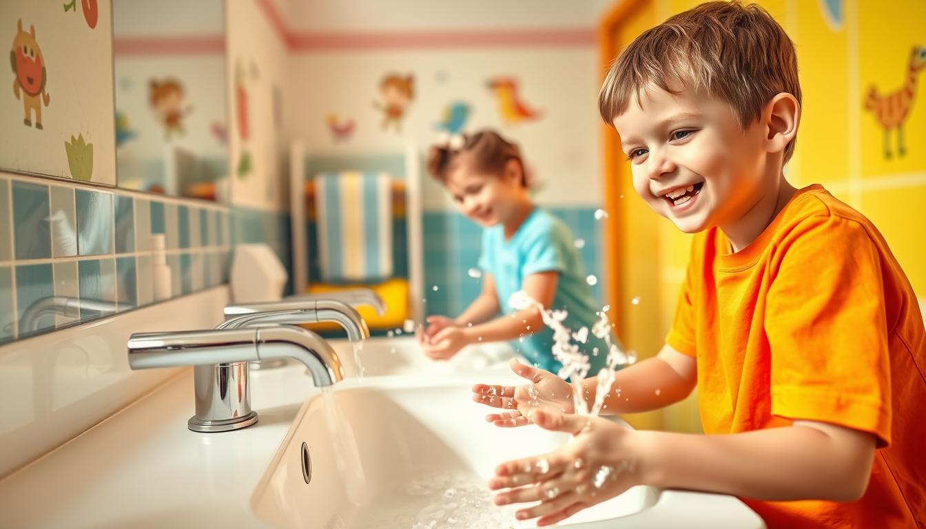 A bright and cheerful scene depicting children practicing personal hygiene in a colorful bathroom. In the foreground, two children, a girl and a boy, are happily washing their hands at a sink, with soap bubbles and water splashing around. The girl is wearing a light blue shirt and the boy a cheerful orange t-shirt, both reflecting a casual yet playful atmosphere. In the middle ground, a colorful towel rack and children-friendly toiletries can be seen, adding to the lively ambiance. The background features cheerful illustrations on the wall, reinforcing the theme of cleanliness and hygiene. Soft, natural lighting enhances the playful mood, and the angle captures the scene from a slightly elevated perspective, inviting viewers into the moment of joy in maintaining cleanliness.