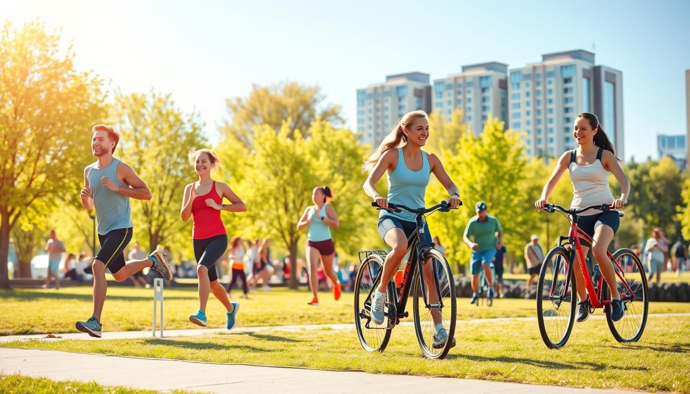 A vibrant outdoor scene illustrating the concept of physical activity and its benefits for health and immunity. In the foreground, a diverse group of individuals engaging in various exercises such as jogging, yoga, and cycling, all dressed in modest sports attire. The middle ground features bright green trees and a clear blue sky, creating a lively atmosphere. In the background, an urban park setting with people enjoying recreational activities adds to the sense of community. The lighting is warm and inviting, suggesting early morning or late afternoon, with soft shadows to create depth. Capture a healthy, active lifestyle that emphasizes the positive impact of exercise on the immune system, evoking feelings of vitality and well-being.