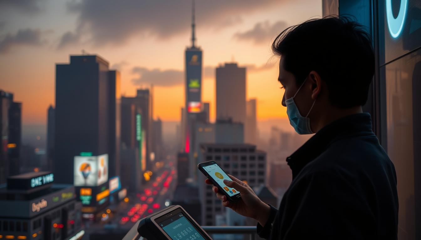A bustling cityscape at dusk, with towering skyscrapers and neon-lit streets. In the foreground, a person standing at a payment terminal, their face illuminated by the soft glow of a cryptocurrency wallet app on their smartphone. The background is hazy, with a sense of uncertainty and hesitation, reflecting the challenges and limitations of crypto payments in the real world. The lighting is dramatic, casting long shadows and creating a sense of tension. The overall mood is one of cautious optimism, as the user navigates the complexities of this emerging financial landscape.