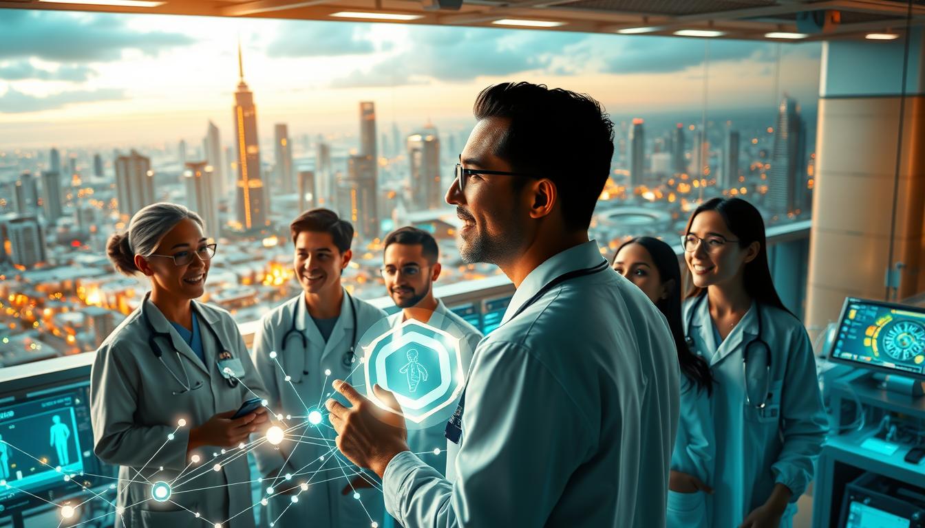 A striking, photorealistic depiction of blockchain's transformative impact on healthcare. In the foreground, a stylized blockchain network illuminates a futuristic hospital setting, with translucent medical devices and interfaces seamlessly integrated. The middle ground showcases a diverse team of healthcare professionals, their faces reflecting awe and wonder as they interact with the blockchain-powered systems. In the background, an expansive cityscape with towering skyscrapers and advanced infrastructure conveys the widespread societal shifts enabled by this revolutionary technology. Warm, vibrant lighting casts a hopeful glow, while a sense of technological sophistication and human-centric design permeates the scene, encapsulating the promise of blockchain in revolutionizing healthcare.