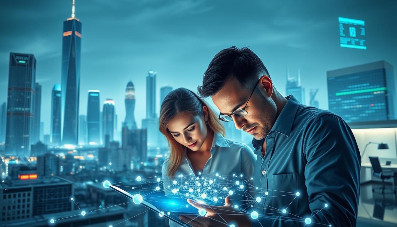 A futuristic cityscape, where towering skyscrapers and gleaming glass facades are interspersed with holographic displays showcasing financial data and blockchain-powered transactions. In the foreground, a team of financial analysts pore over digital ledgers, their expressions focused as they unravel the complexities of this revolutionary technology. The middle ground features a network of interconnected nodes, visualized as a dynamic, pulsing grid, representing the decentralized nature of blockchain. In the background, a serene and minimalist office setting, where the subtle integration of blockchain technology into everyday financial processes is evident. The overall scene conveys a sense of innovation, security, and the transformative potential of blockchain in the financial services industry.