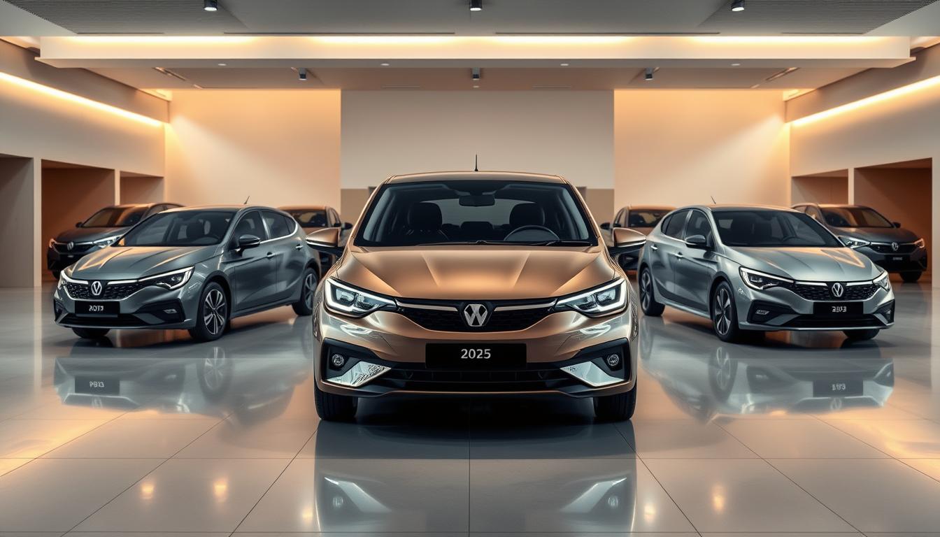 A sleek and modern showroom interior, showcasing an array of economical yet stylish 2025 vehicles. Warm, diffused lighting flatters the clean lines and sharp angles of the sedan models on display. The vehicles are arranged in a visually striking, symmetrical layout, drawing the eye towards their distinctive features. In the foreground, a mid-sized hatchback in a muted, earth-toned color takes center stage, its efficient powertrain and advanced tech highlighted. The background features a minimalist, minimalist palette of grays and whites, creating a sense of sophistication and modernity. The overall atmosphere conveys a blend of practicality, elegance, and the latest automotive innovations tailored for the UAE market.