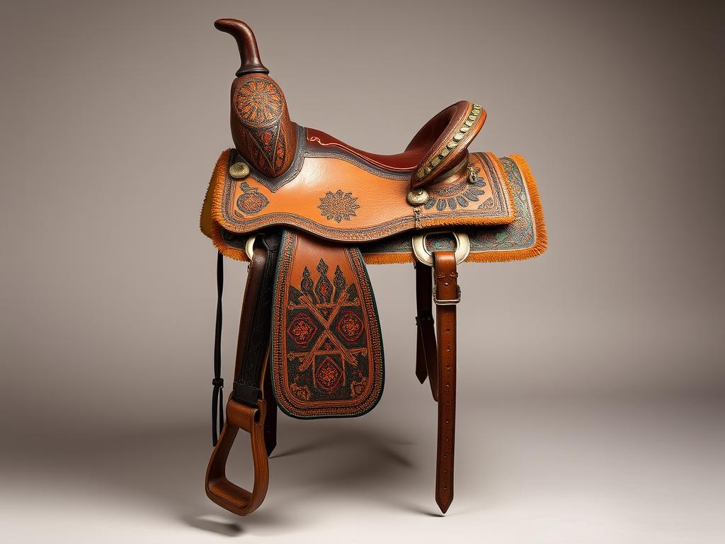 Traditional Moroccan Rkab saddle with high pommel and cantle, showing intricate decorative elements