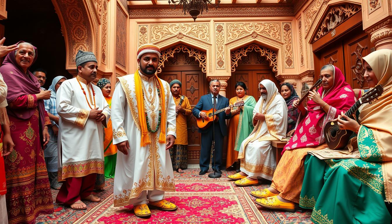 Traditional Moroccan wedding ceremony featuring Balgha slippers as part of cultural attire