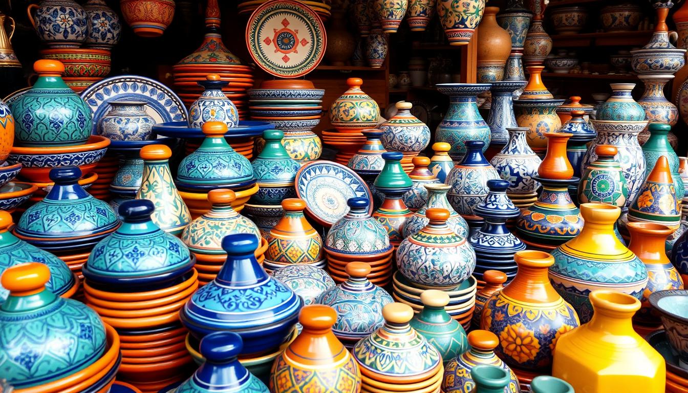 Colorful display of traditional Moroccan pottery in a market in Fes, showcasing the pottery industry in Morocco