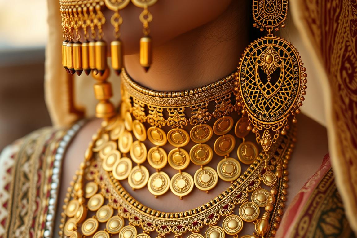 Traditional gold jewelry worn by Moroccan countryside bride including headpiece and necklaces