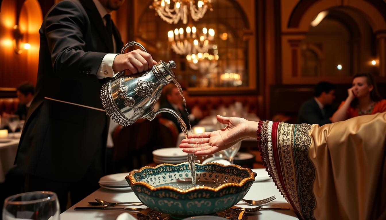 Traditional Moroccan hand-washing ceremony before a meal at a New York restaurant