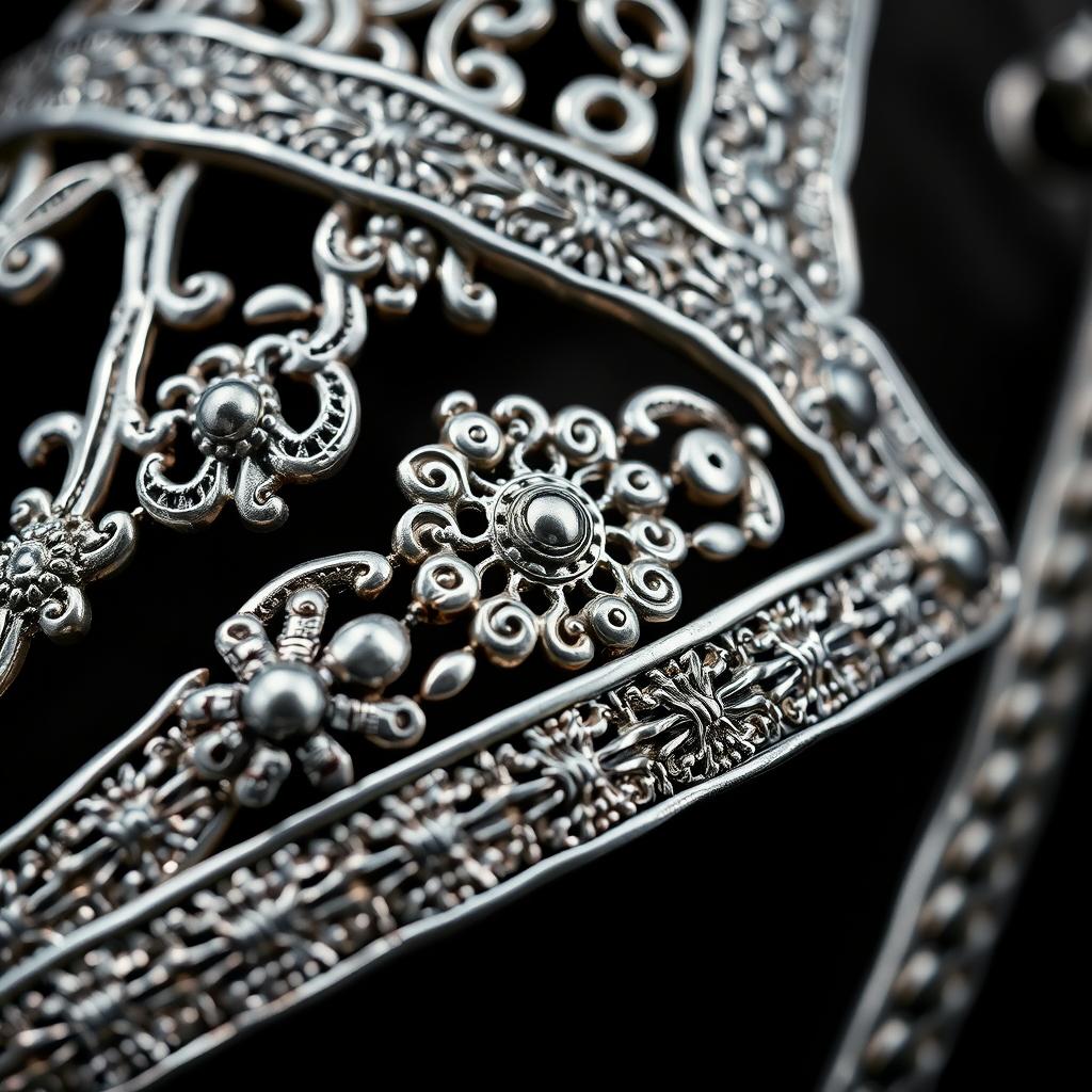 Close-up of intricate silver filigree work on a traditional Moroccan bridle