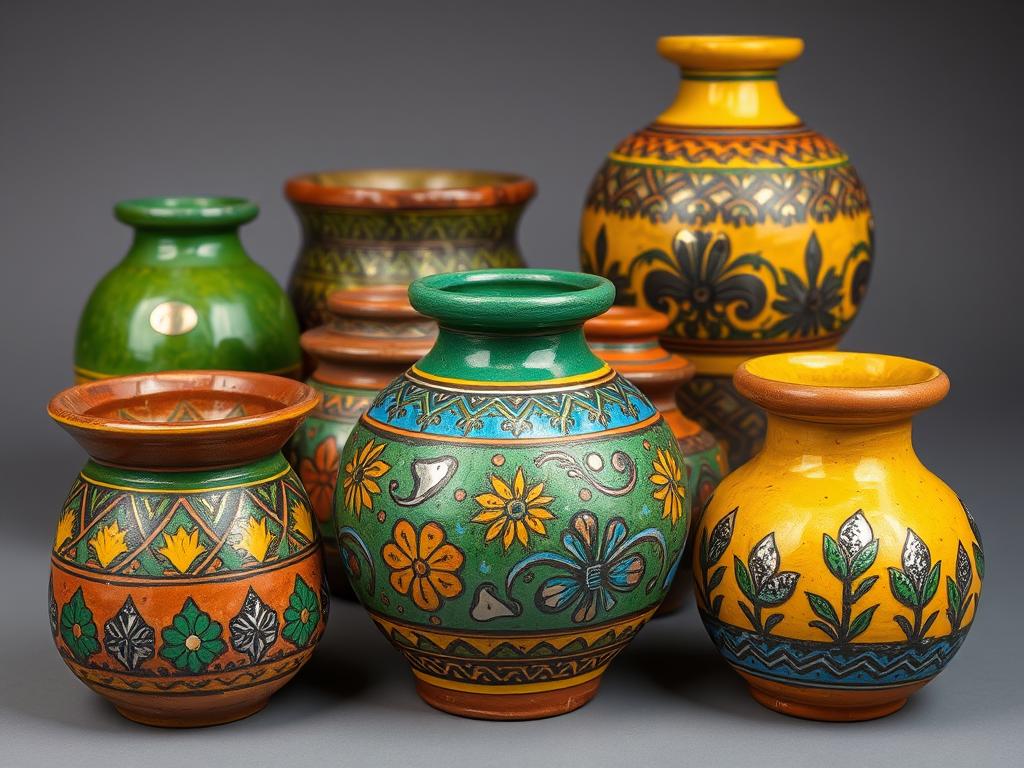 Colorful Safi polychrome pottery with metal inlays from the pottery industry in Morocco