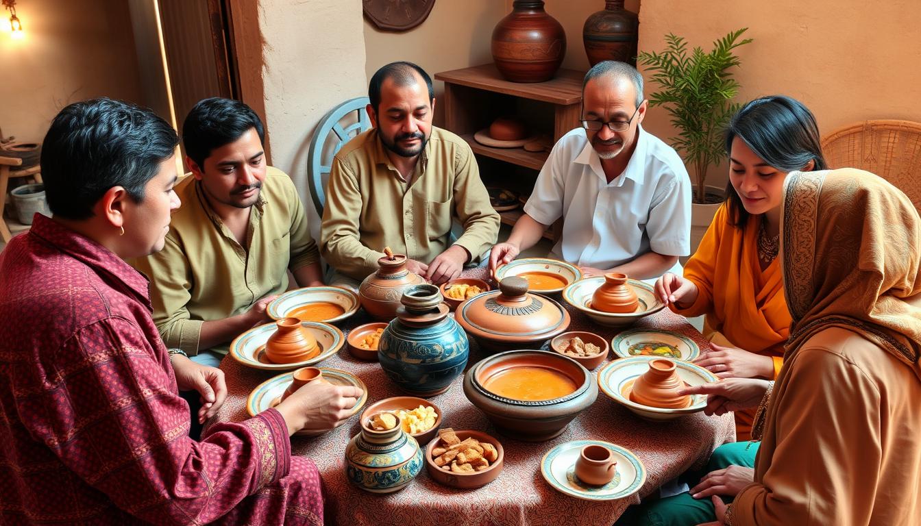 Moroccan family using traditional pottery in daily life, showing cultural importance of pottery industry in Morocco