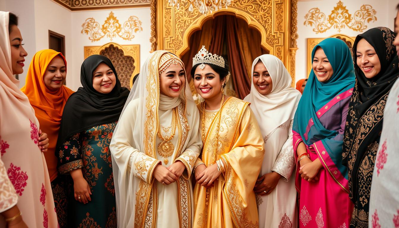 Moroccan wedding celebration with bride wearing an elaborate traditional caftan surrounded by family