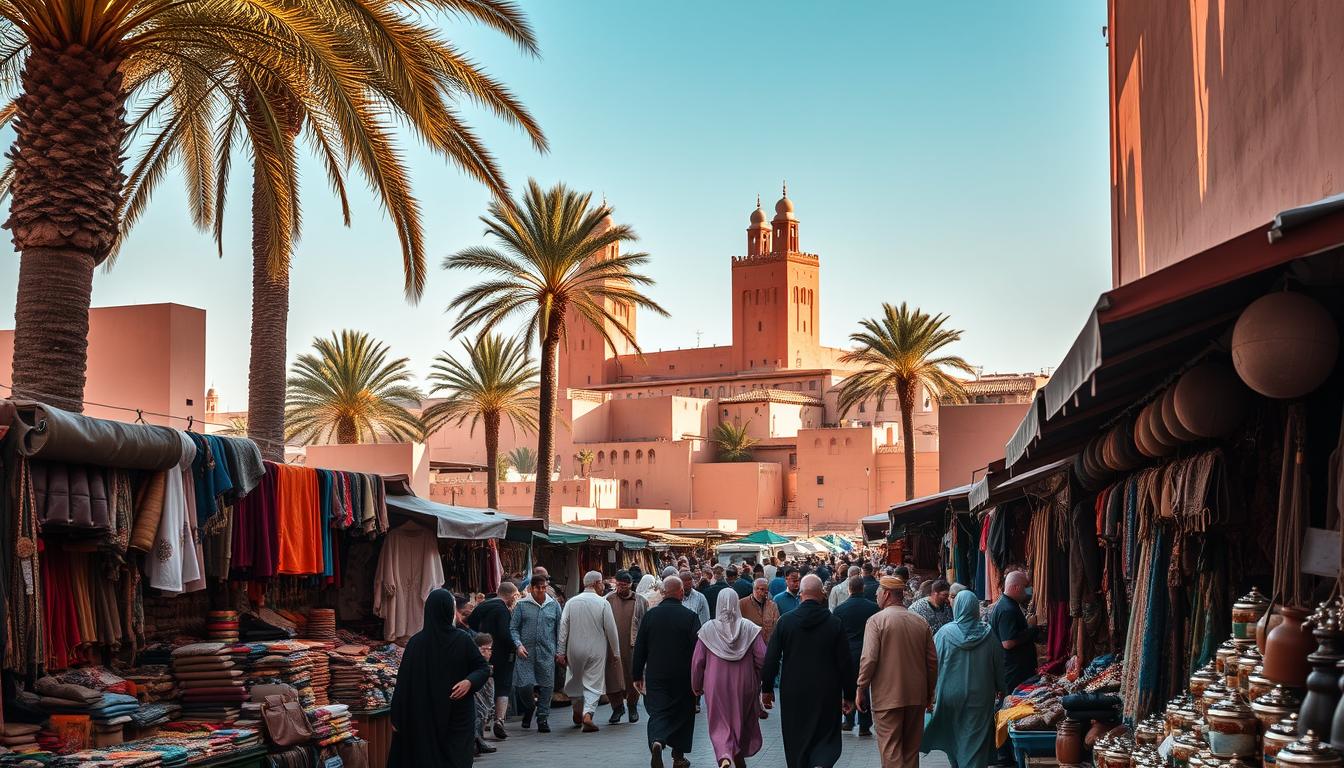 A vibrant marketplace in the heart of Marrakesh, bustling with activity under the warm Moroccan sun. In the foreground, vendors sell an array of colorful textiles, handcrafted leather goods, and spices that fill the air with enticing aromas. In the middle ground, people navigate the narrow alleyways, their robes and djellabas creating a dynamic, fluid movement. In the background, the iconic pink-hued buildings of the old city rise up, topped with ornate domes and minarets casting long shadows across the scene. The warm, golden light filters through the palm trees, creating a soft, romantic atmosphere that evokes the enchanting spirit of Marrakesh.