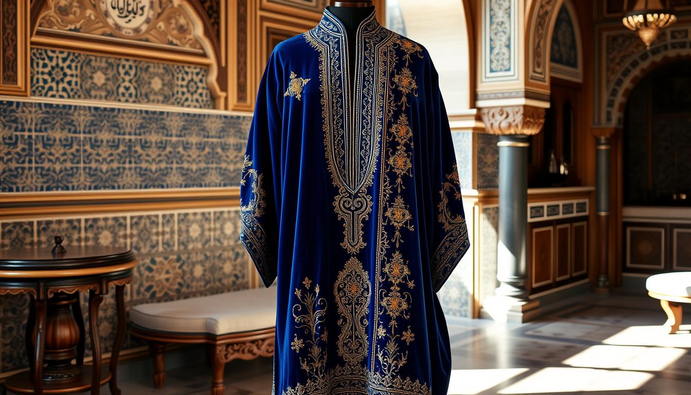 Traditional Moroccan caftan in rich blue velvet with gold embroidery displayed against an ornate Moroccan interior