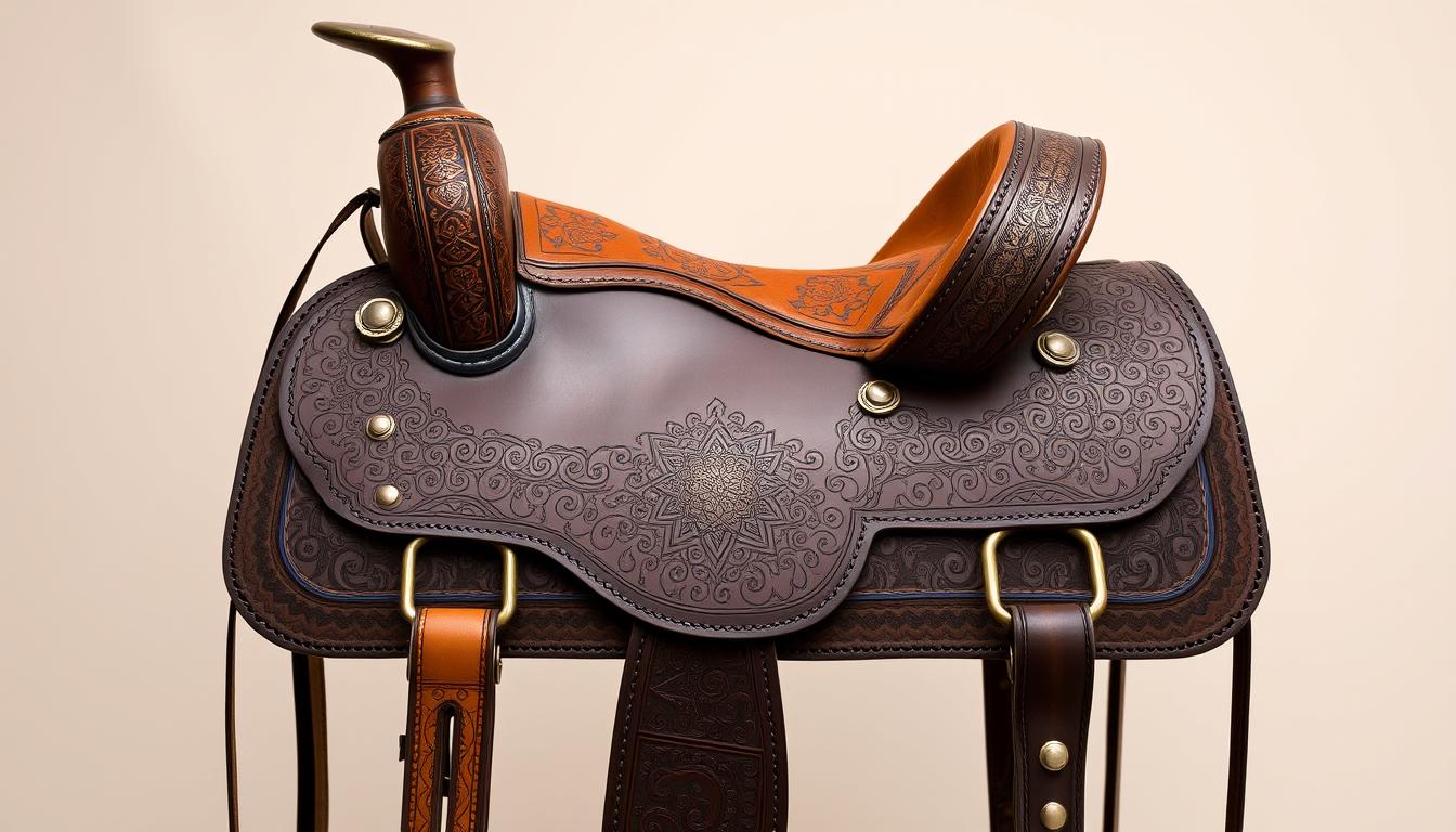 Traditional Moroccan saddle with intricate leatherwork and metal embellishments from the Moroccan traditional horse and rider supplies industry