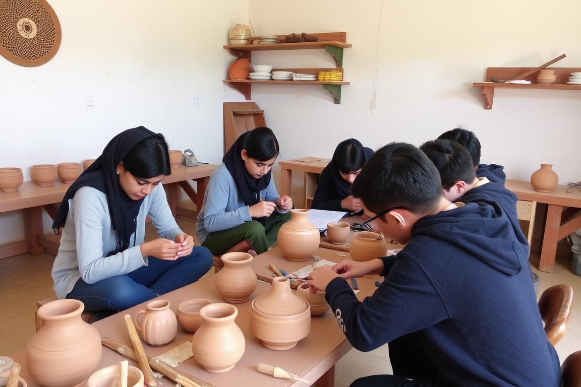 Students learning traditional and modern pottery techniques at a craft school in Morocco