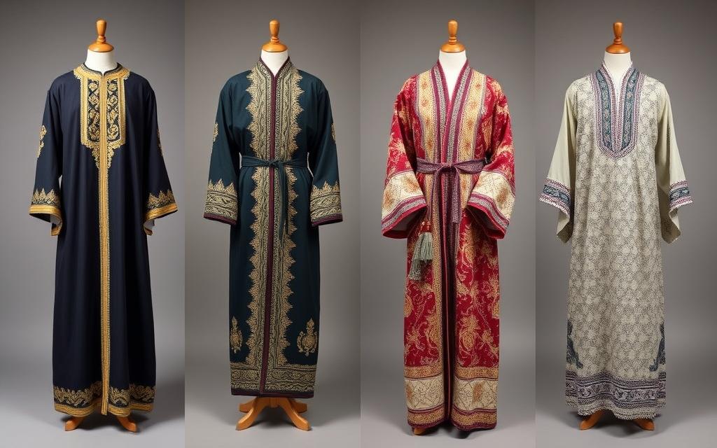 Comparison of similar traditional robes from different cultures including Moroccan caftan, Turkish kaftan, Japanese kimono, and West African boubou