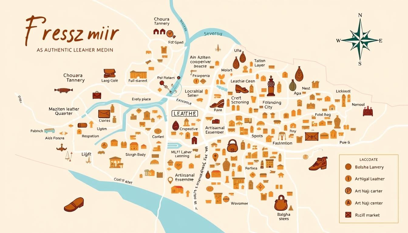 Map showing key locations for authentic leather shopping in Fez medina
