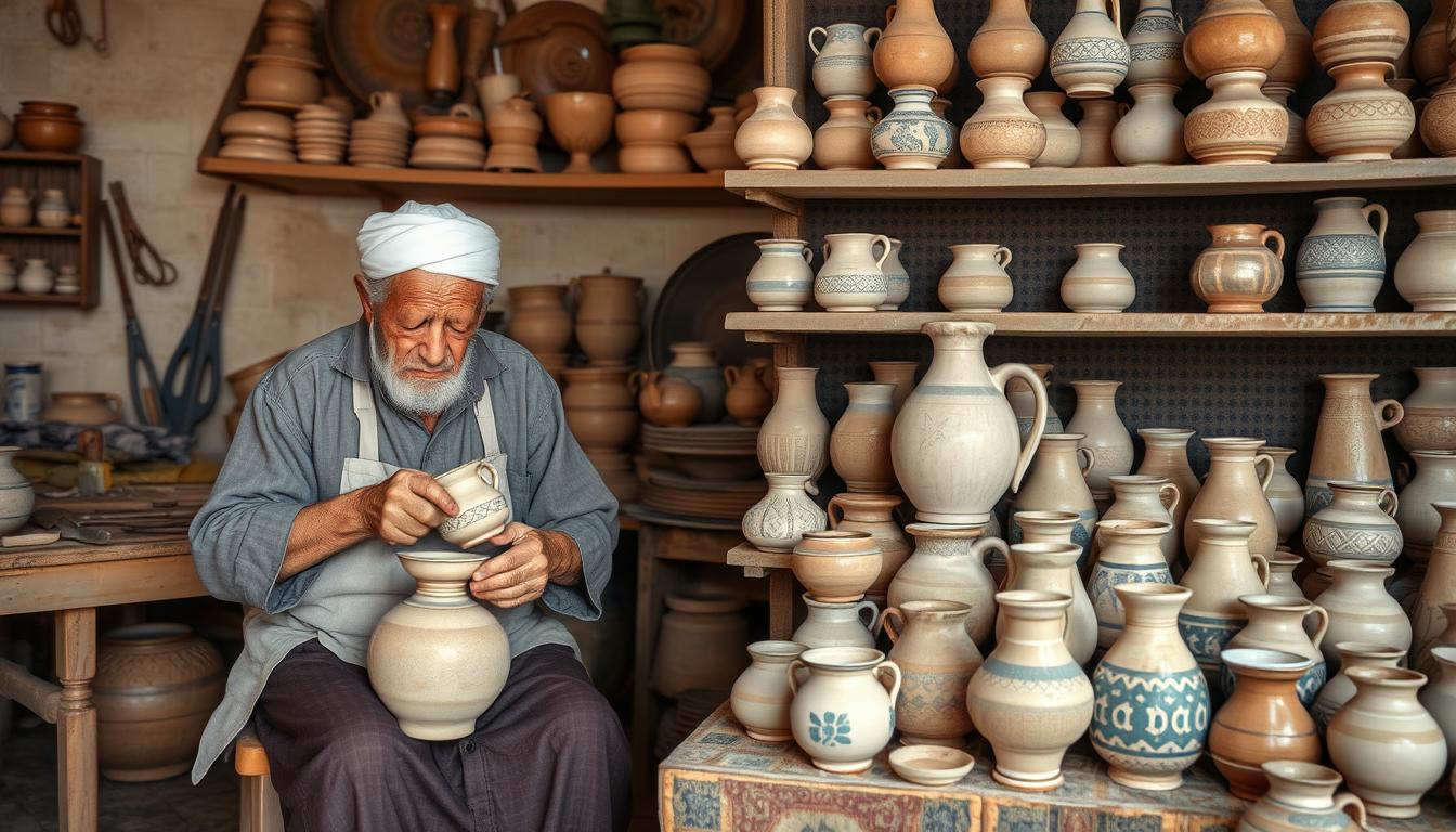 Traditional potter working alongside mass-produced ceramics, showing challenges facing pottery industry in Morocco
