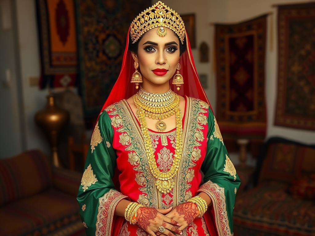 Moroccan countryside bride wearing traditional Takshita dress with elaborate embroidery