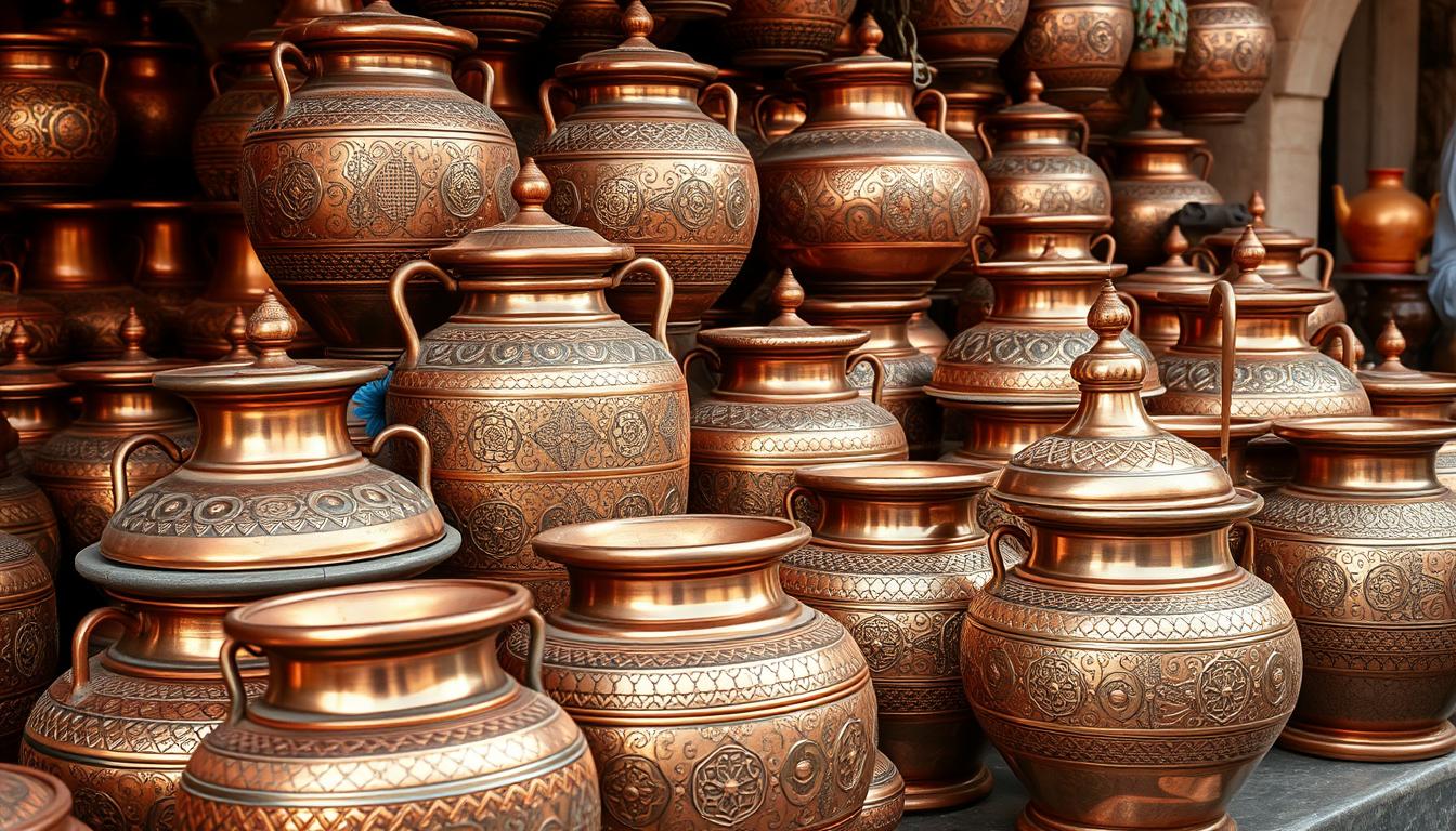 Traditional Moroccan copper pots displayed in a market with intricate designs and hammered textures