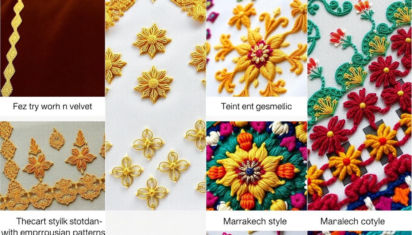 Close-up details of different Moroccan caftan embroidery styles from various regions
